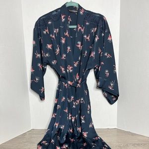 Rosie for AUTOGRAPH Satin Lace Navy Robe Pink Bird Print 2 Kimono Sleeve EUC